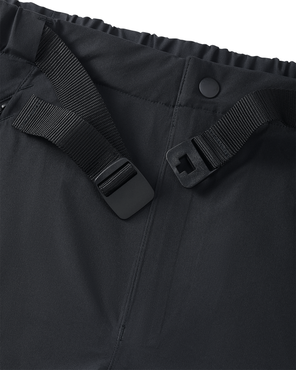 Front detail of integrated waist belt on Northridge Rain Pant in Black