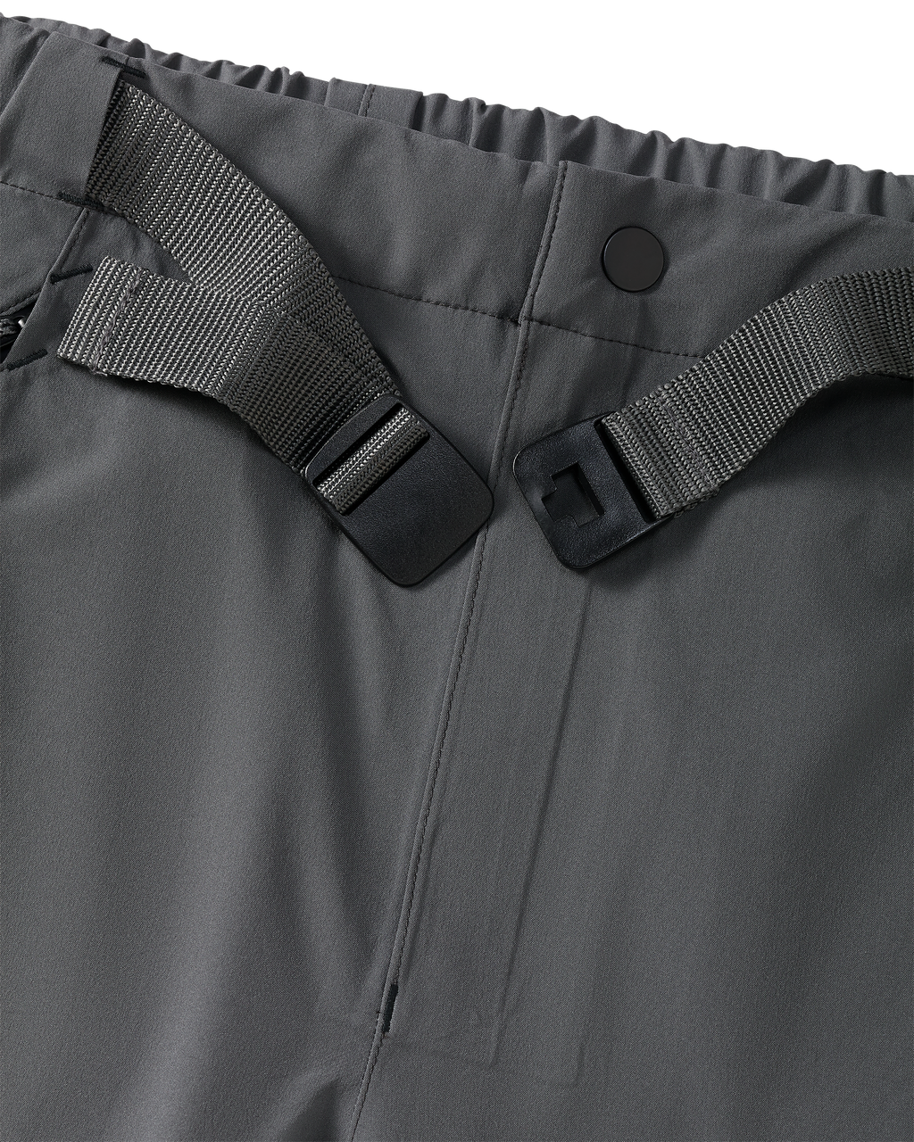 Front detail of integrated waist belt on Northridge Rain Pant in Gunmetal Grey