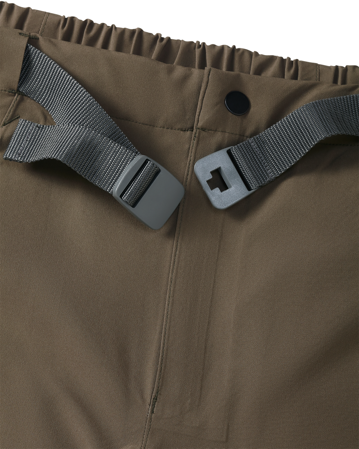 Front detail of integrated waist belt on Northridge Rain Pant in Major Brown