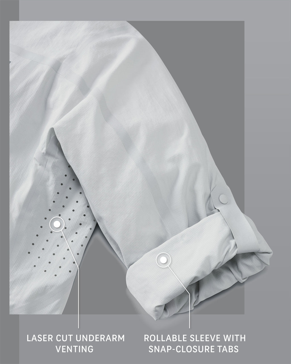 Salton Long Sleeve Shirt in Lunar Grey Detail Callout, Highlighting Laser Cut Underarm Venting and Rollable Sleeve with Snap-Closure Tabs