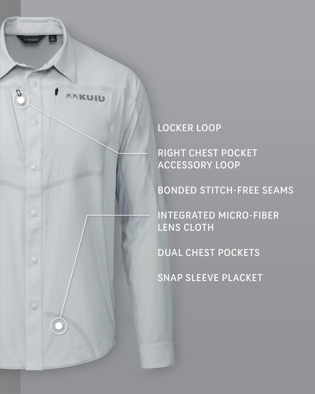 Salton Long Sleeve Shirt in Lunar Grey, Highlighting Locker Loop, Right Chest Pocket Accessory Loop, Bonded Stitch-Free Seams, Integrated Micro-Fiber Lens Cloth, Dual Chest Pockets, and Snap Sleeve Placket