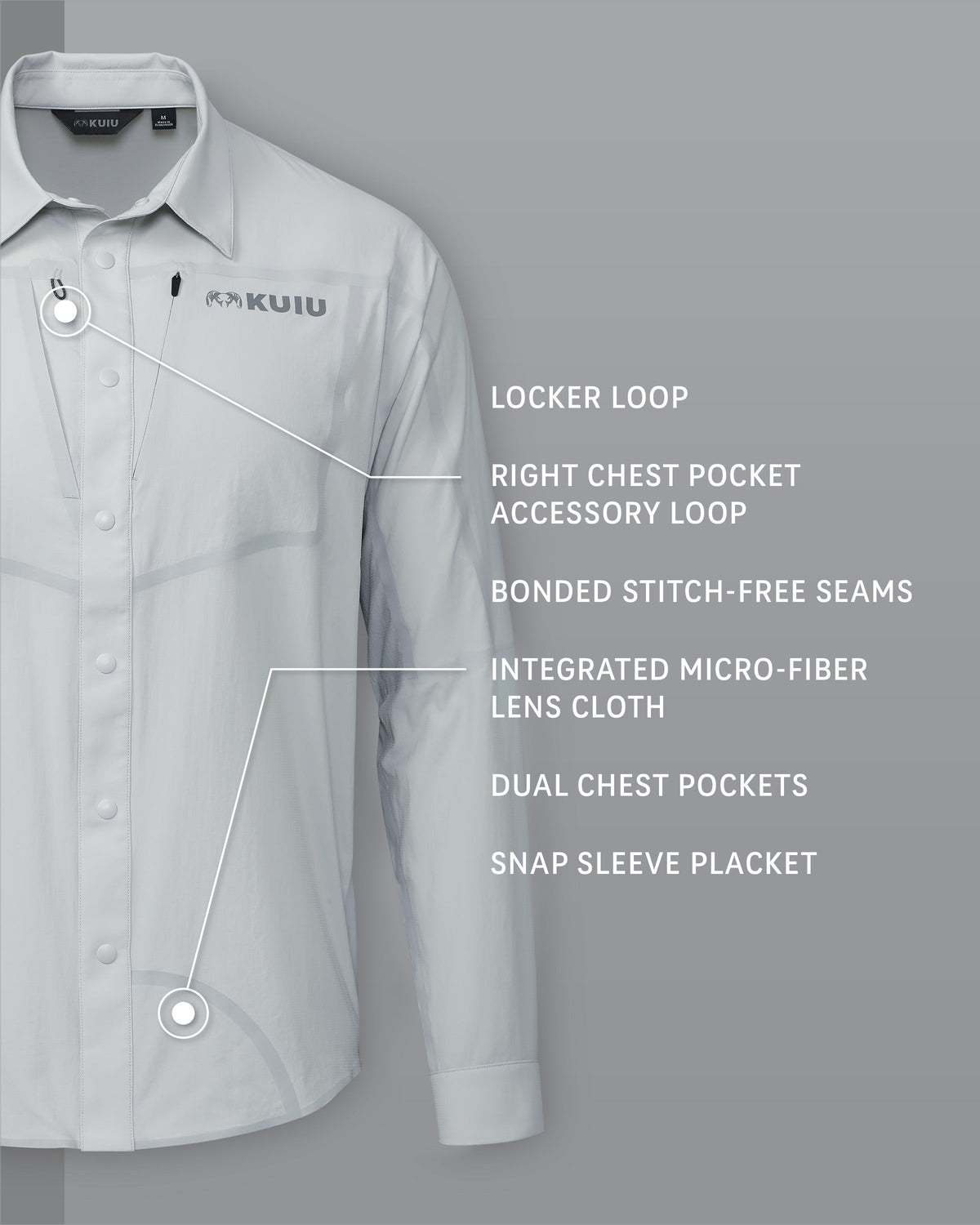 Salton Long Sleeve Shirt in Lunar Grey, Highlighting Locker Loop, Right Chest Pocket Accessory Loop, Bonded Stitch-Free Seams, Integrated Micro-Fiber Lens Cloth, Dual Chest Pockets, and Snap Sleeve Placket
