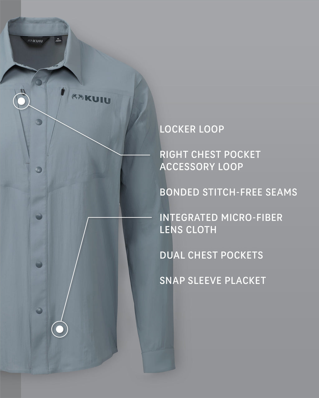 Salton Long Sleeve Shirt in Slate Grey, Highlighting Locker Loop, Right Chest Pocket Accessory Loop, Bonded Stitch-Free Seams, Integrated Micro-Fiber Lens Cloth, Dual Chest Pockets, and Snap Sleeve Placket