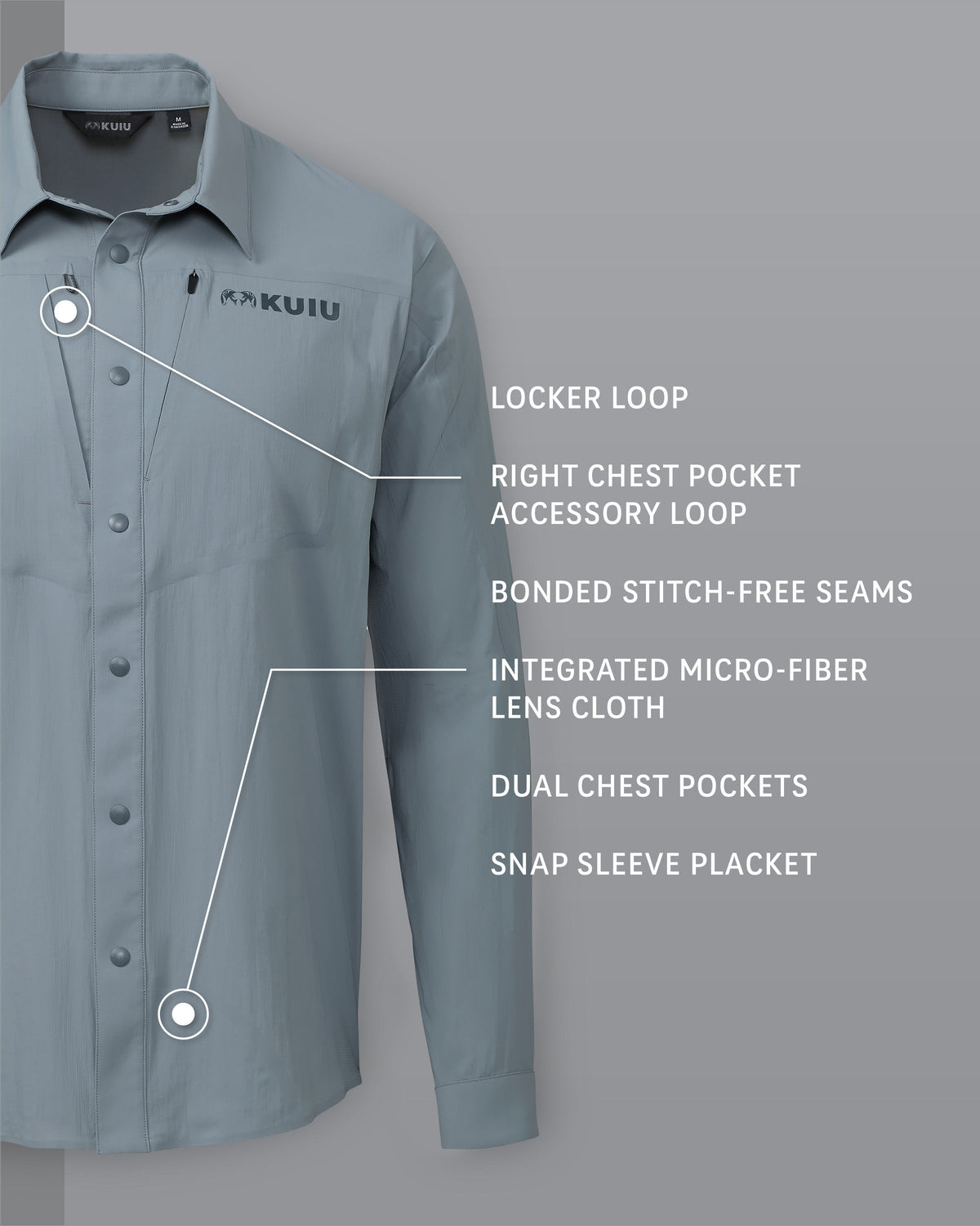 Salton Long Sleeve Shirt in Slate Grey, Highlighting Locker Loop, Right Chest Pocket Accessory Loop, Bonded Stitch-Free Seams, Integrated Micro-Fiber Lens Cloth, Dual Chest Pockets, and Snap Sleeve Placket