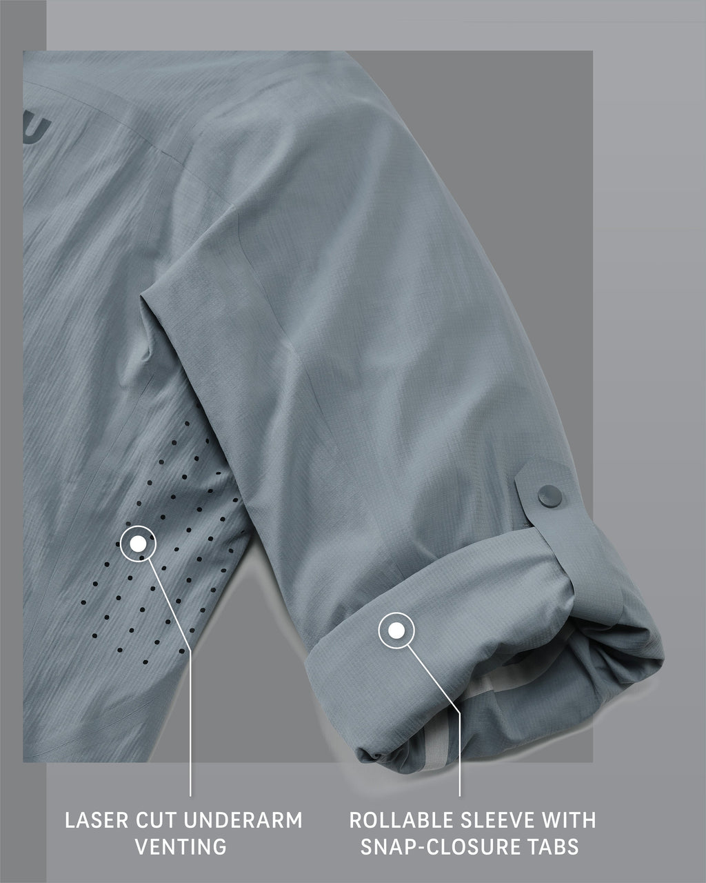 Salton Long Sleeve Shirt in Slate Grey Detail Callout, Highlighting Laser Cut Underarm Venting and Rollable Sleeve with Snap-Closure Tabs