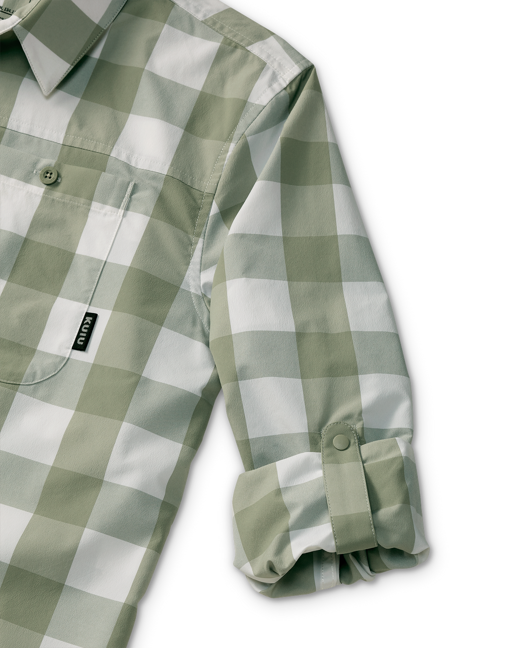 Close-up of Borrego LS Shirt in Sage Buckbrush Plaid, Highlighting rolled-up sleeve with button cuff retention strap