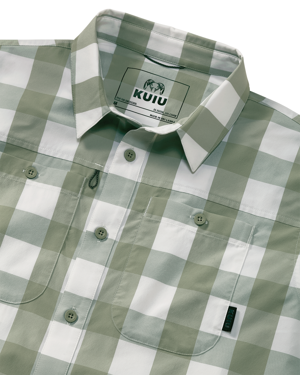 Close-up of shirt collar and front button pockets on the Borrego LS Shirt in Sage Buckbrush Plaid