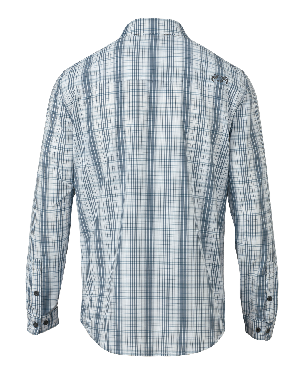 Back of Borrego LS Shirt in Blueish Grey Gravel Plaid