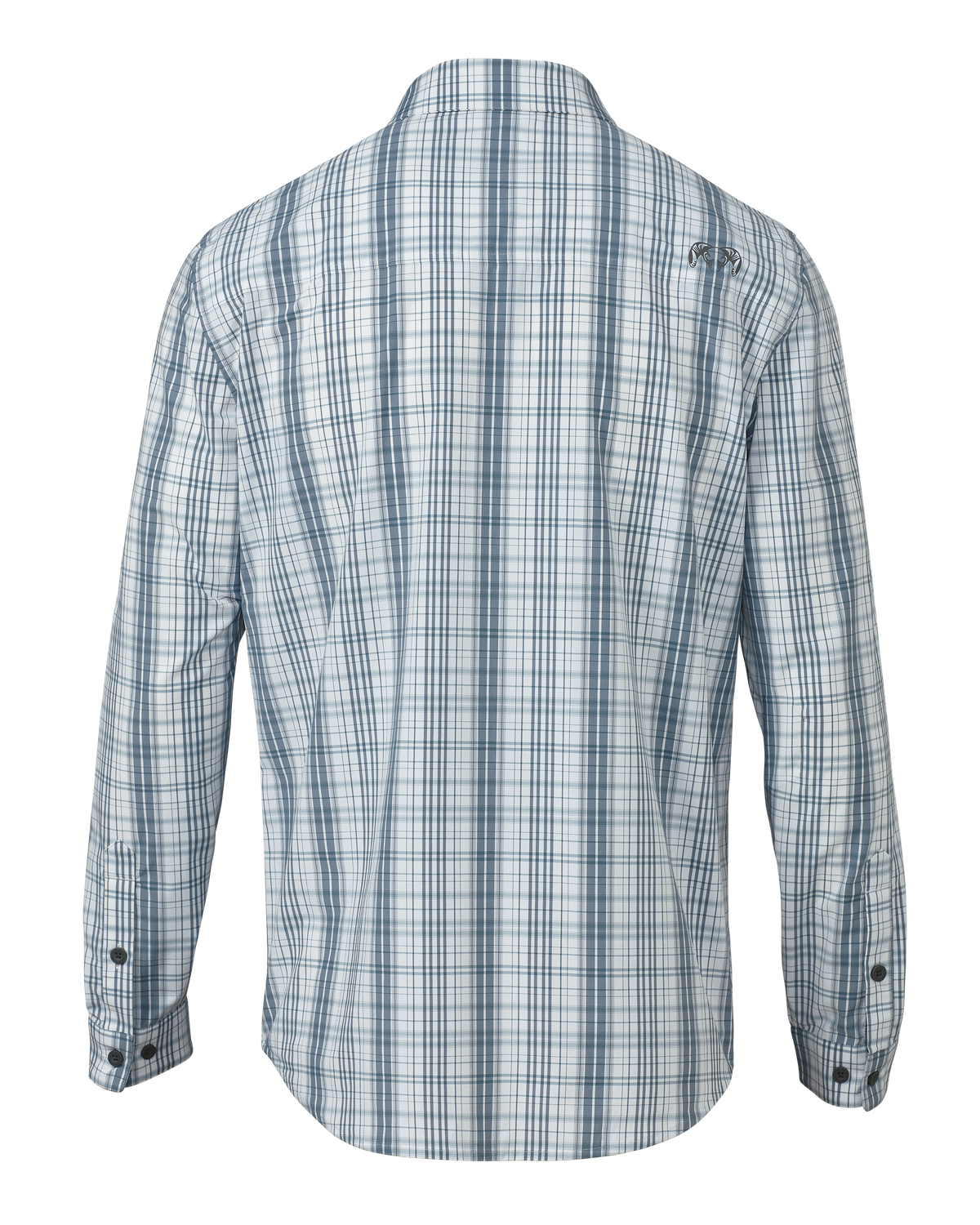 Back of Borrego LS Shirt in Blueish Grey Gravel Plaid