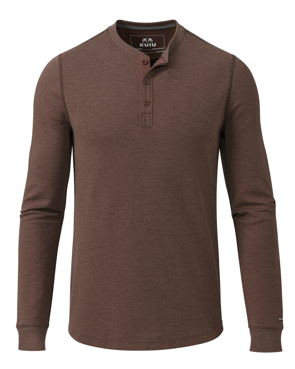 Front of Canyon Waffle Henley in Cedar Heather Brown
