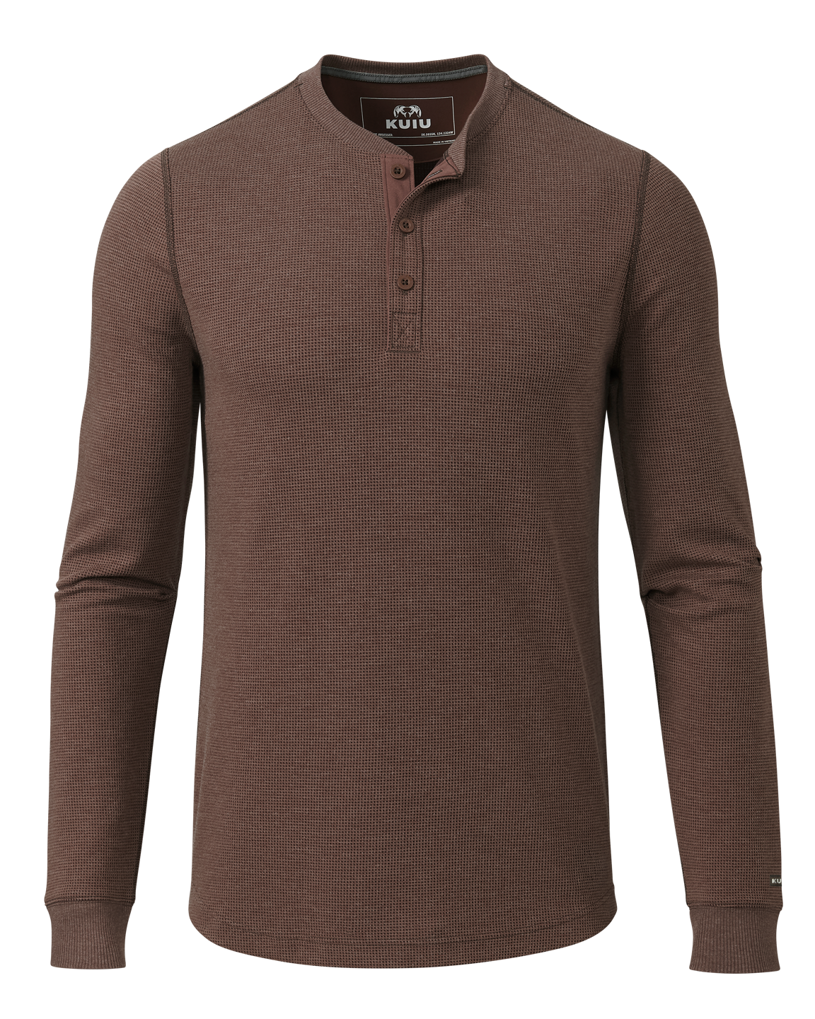 Front of Canyon Waffle Henley in Cedar Heather Brown
