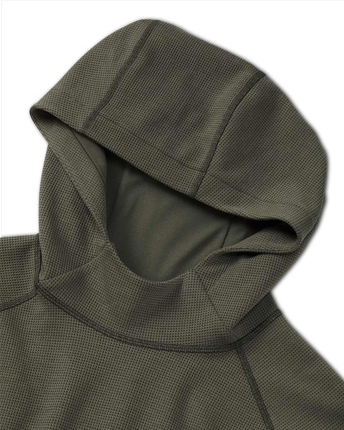 Close-up flat lay view of hood and flatlock seams on the Canyon Waffle Hoodie in Ash Heather