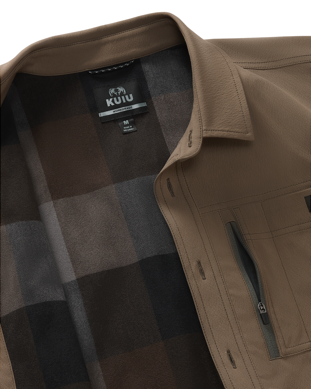 Detail of flannel lined interior on the Motive Flannel Lined Shirt Jacket in Major Brown