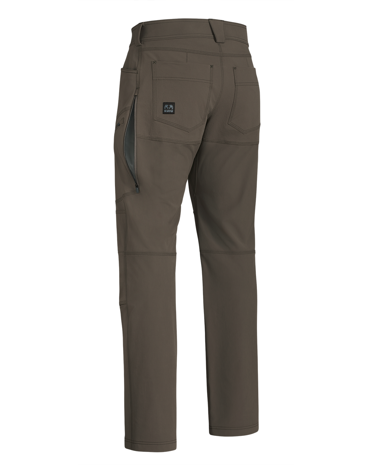 Back of Groundwork Stretch Woven Pant in Rodeo Brown showing open hip vent