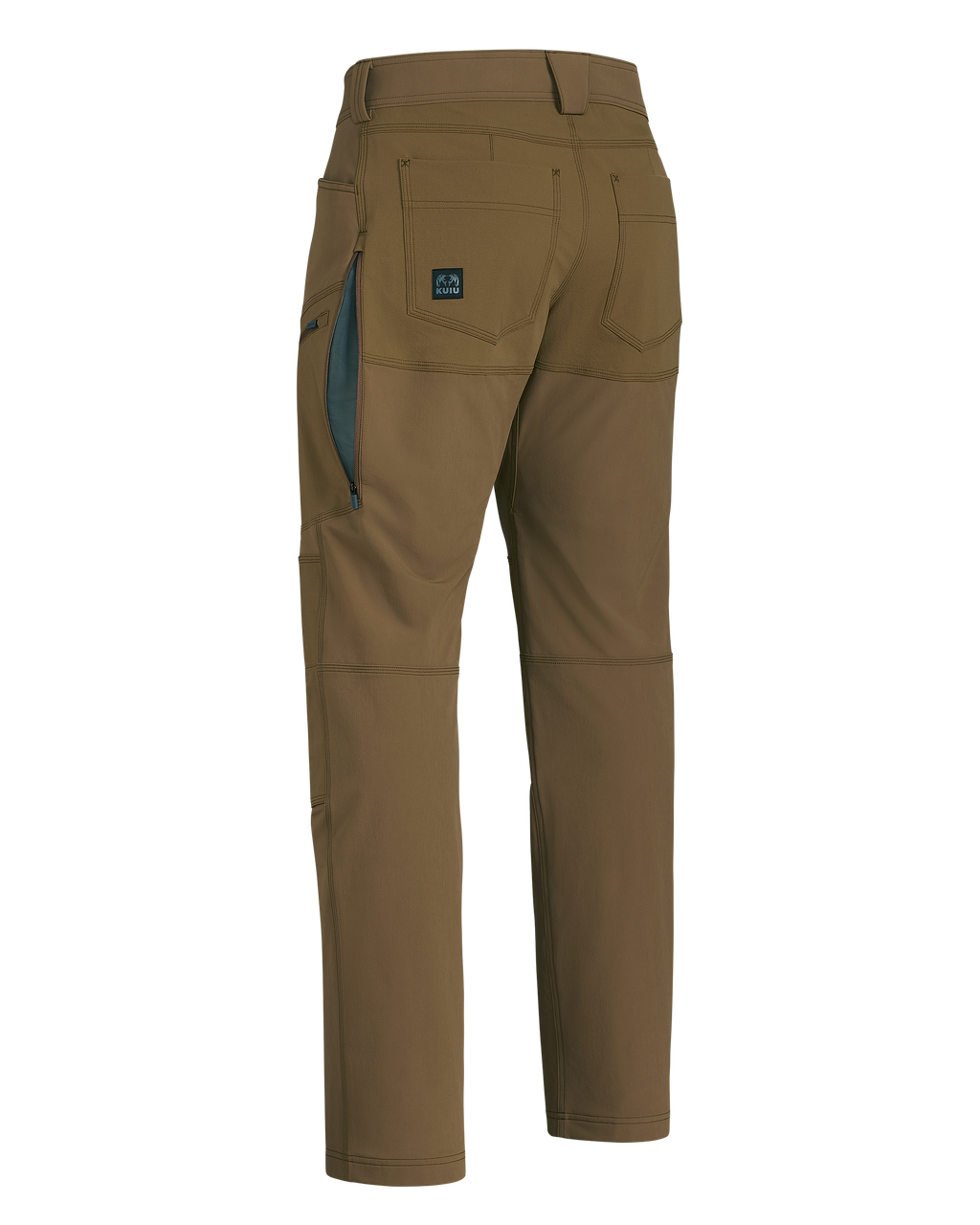 Back of Groundwork Stretch Woven Pant in Tobacco Brown showing open hip vent