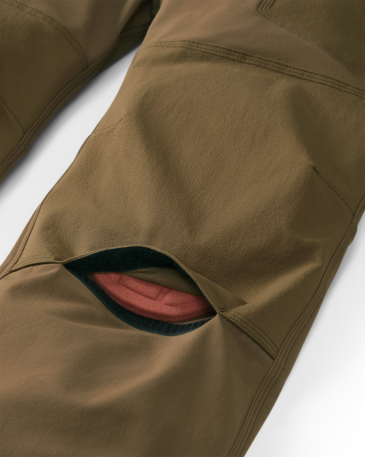 Close-up of exterior access for knee pad removal, hook & loop closure  