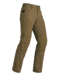 Angled pose highlighting shape and construction of Groundwork Woven Pant in Tobacco Brown
