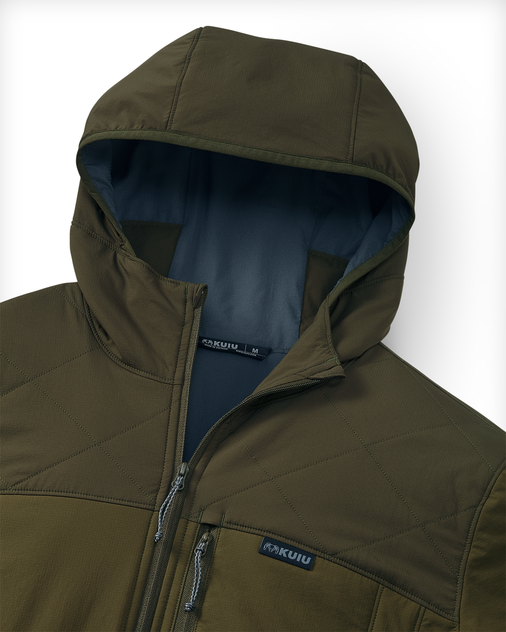 Close-up of the hood on a Transit Packable Jacket in Dark Army/Army, showing the quilted chest panel, zipper, and KUIU sewn-in label.