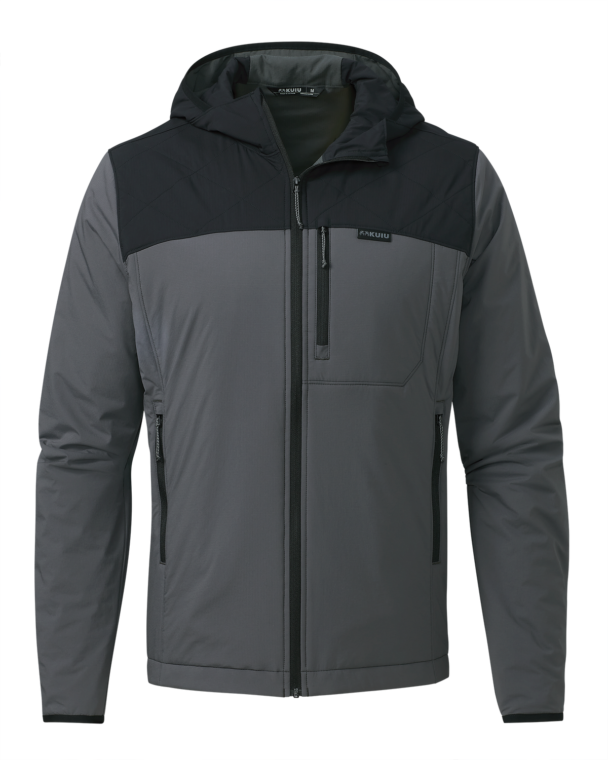 Front of Back of Transit Packable Hooded Jacket in Black/Gunmetal