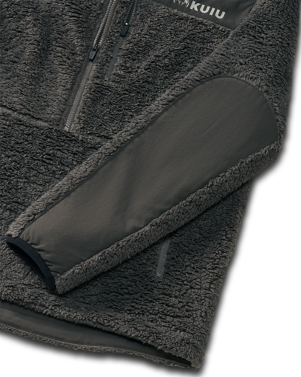 Detail of 2-way stretch woven overlays on the elbows of Sherpa Fleece Zip Pullover in Asphalt Grey