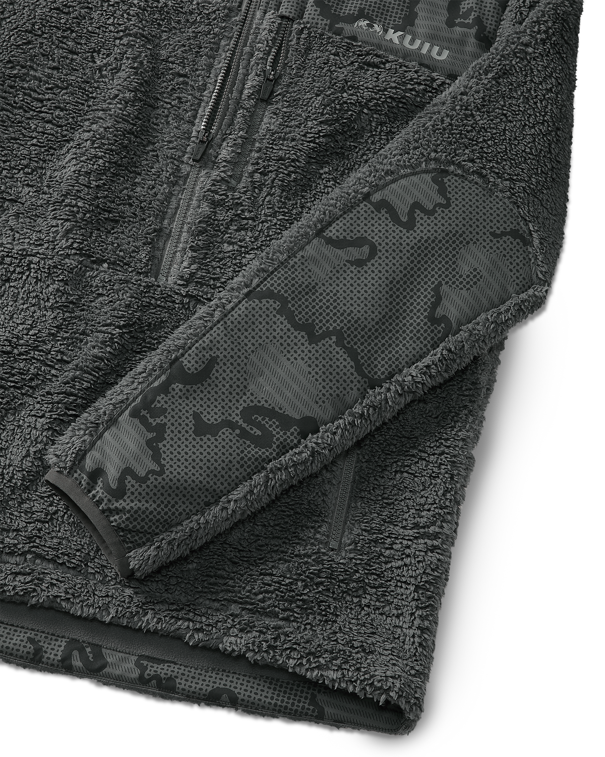 Detail of 2-way stretch woven overlays on the elbows of Sherpa Fleece Zip Pullover in Gunmetal Tonal