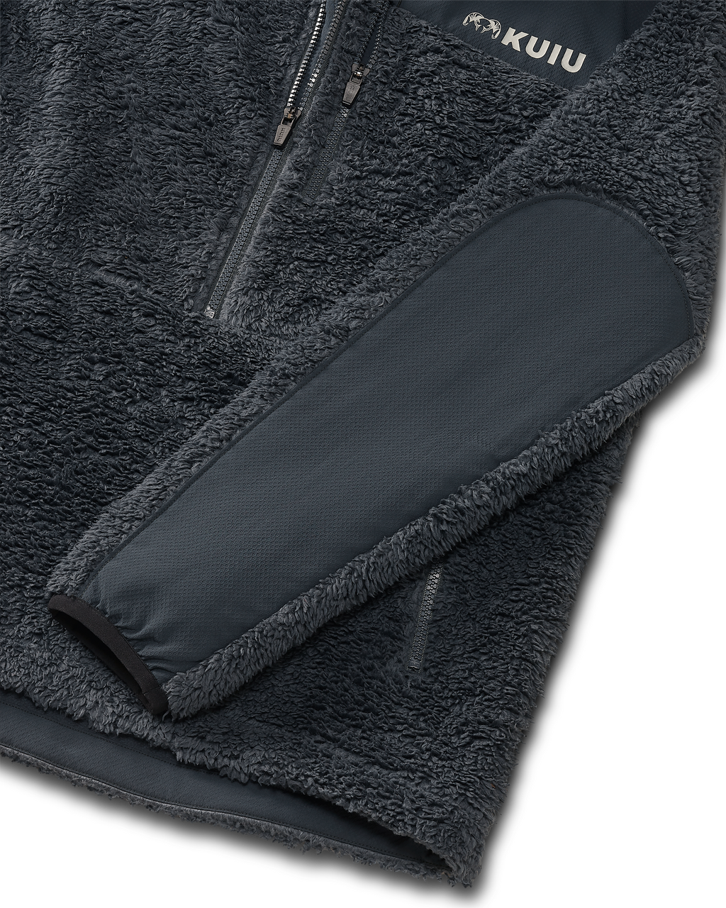 Detail of 2-way stretch woven overlays on the elbows of Sherpa Fleece Zip Pullover in Nightfall Blue