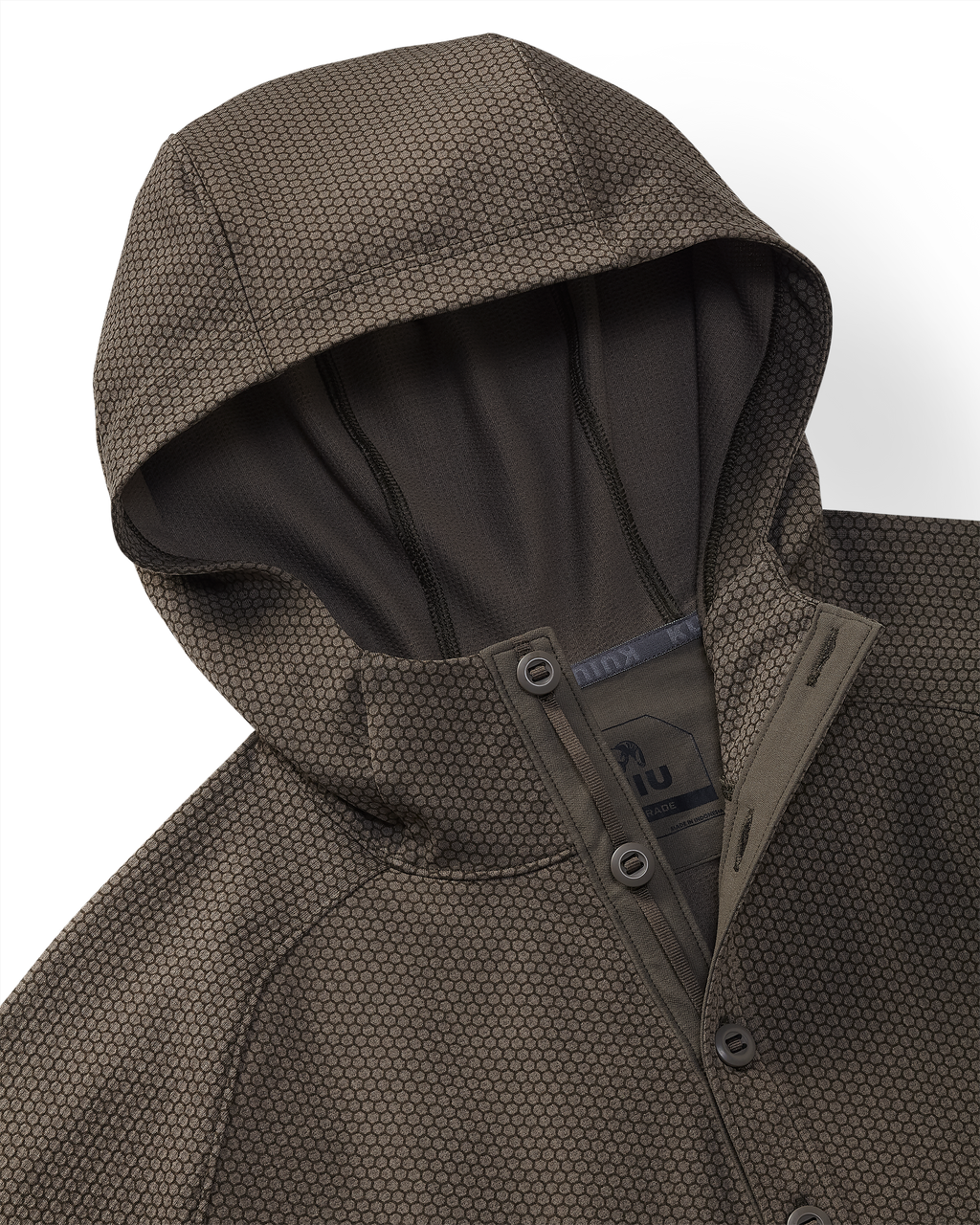 Close-up of Dura-Knit Hoodie in Rodeo Brown, highlighting hoodie, front closure buttons and honeycomb-like fabric exterior.