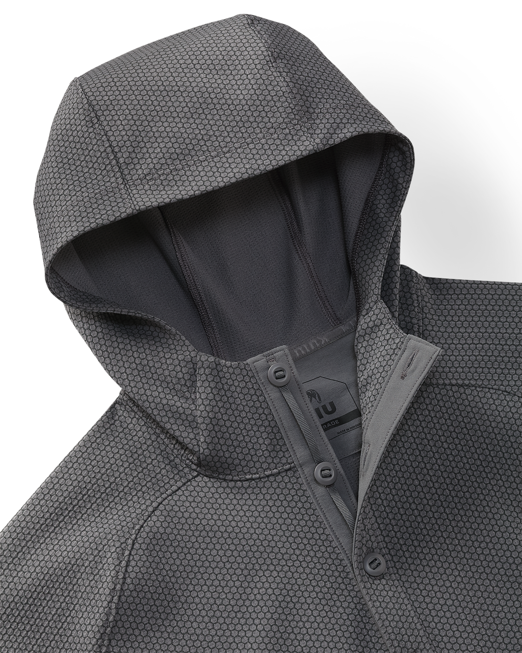 Close-up of Dura-Knit Hoodie in Castle Rock Grey, highlighting hoodie, front closure buttons and honeycomb-like fabric exterior.