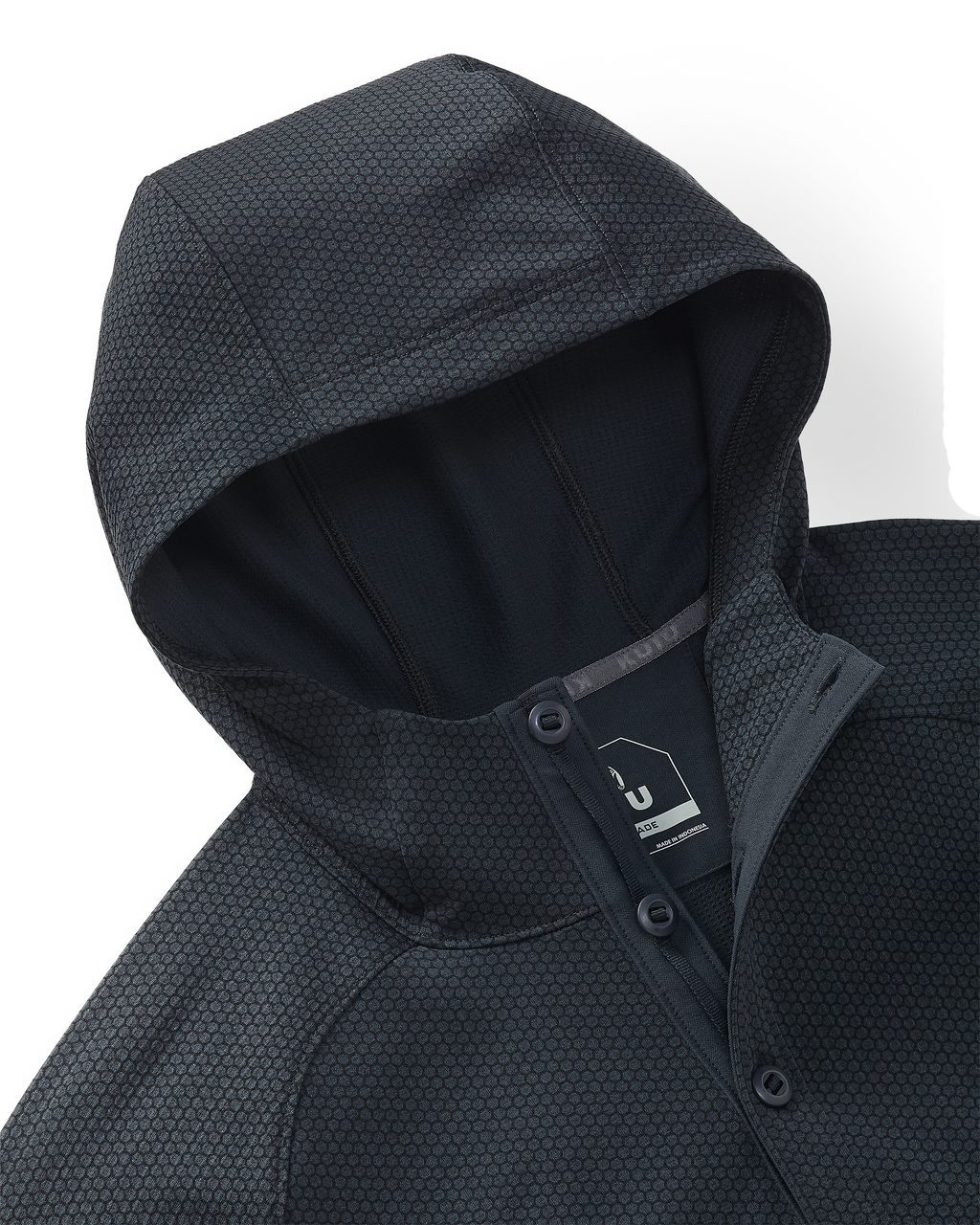 Close-up of Dura-Knit Hoodie in Nightfall Blue, highlighting hoodie, front closure buttons and honeycomb-like fabric exterior.