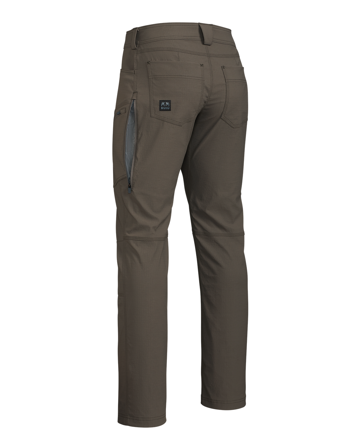 Back of Motive Workgrade Pant in Rodeo Brown, showing unzippered open hip vent