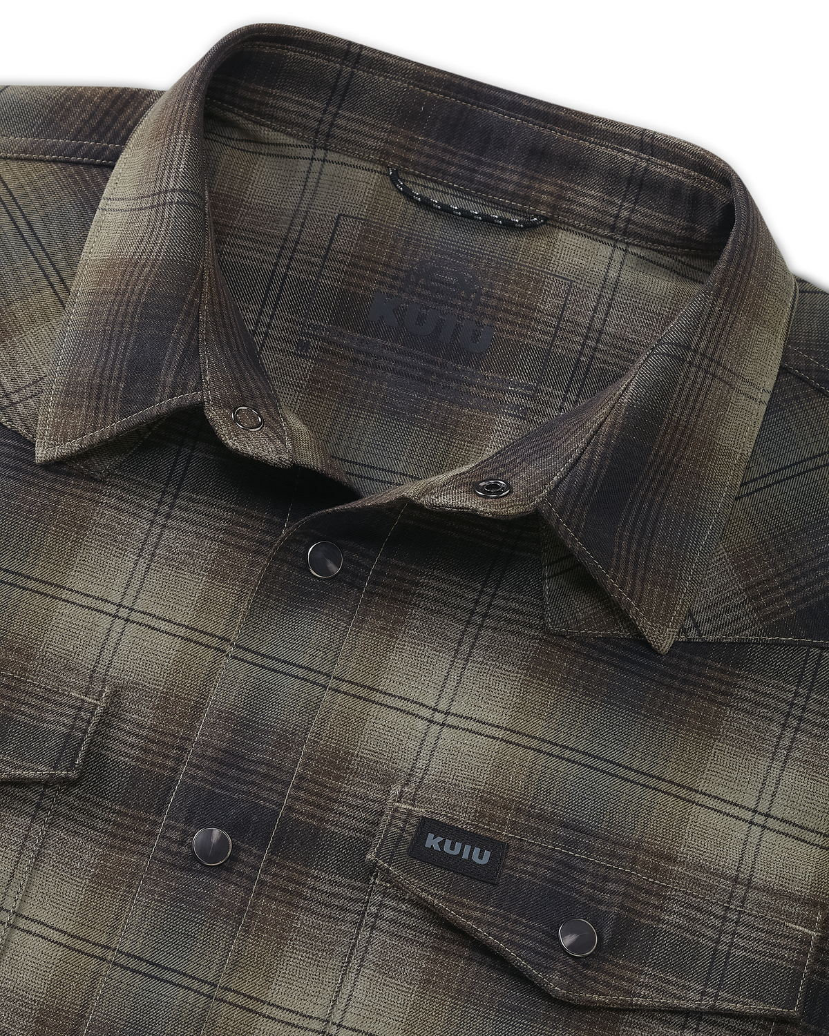 Close-up of Laredo Long Sleeve Button‑up Shirt in Vias Ombre Plaid, showing neck collar, button placket, and partial of the chest pockets.