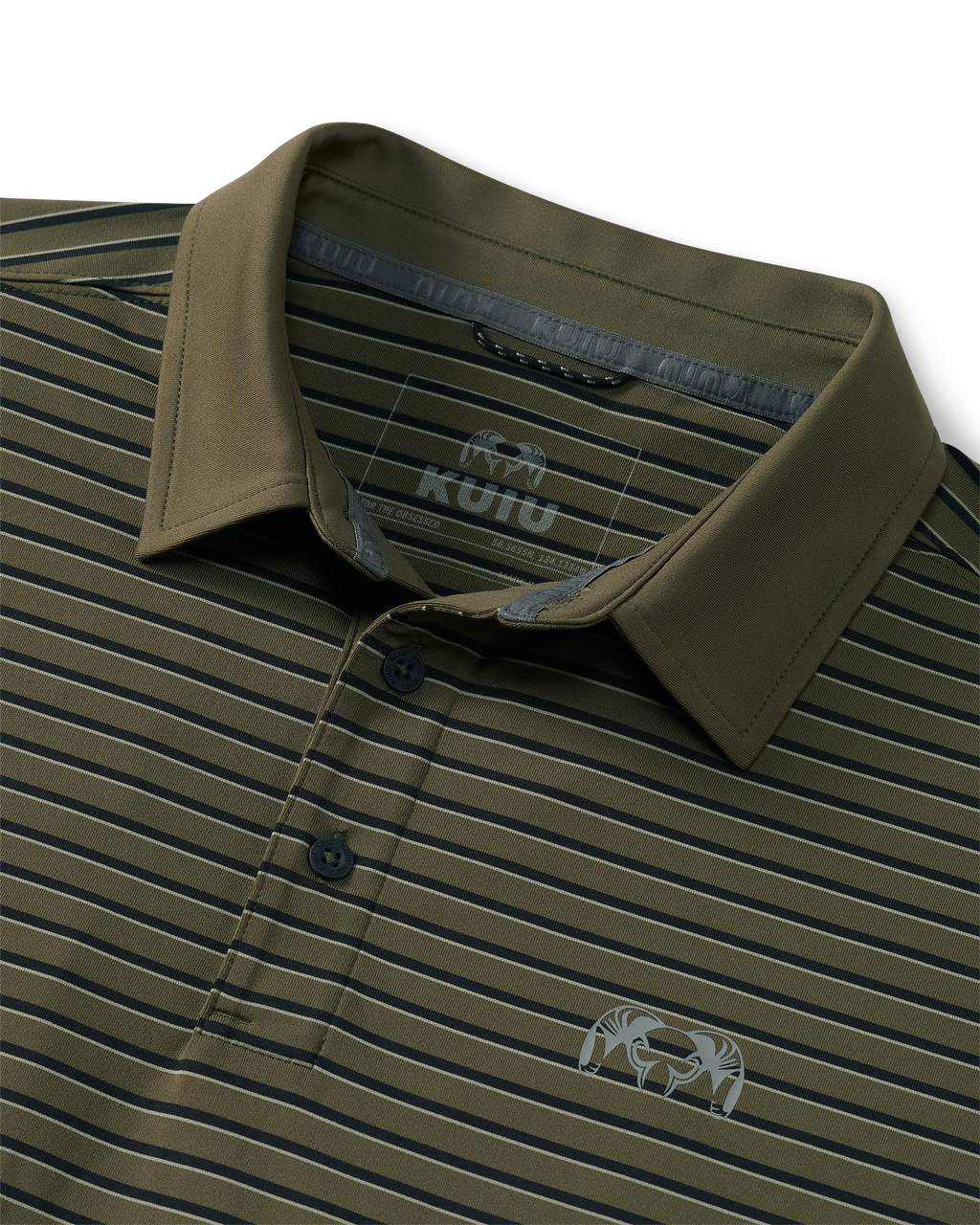 Close-up of collar of KUIU Performance Polo Stripe in Evergreen Stripe