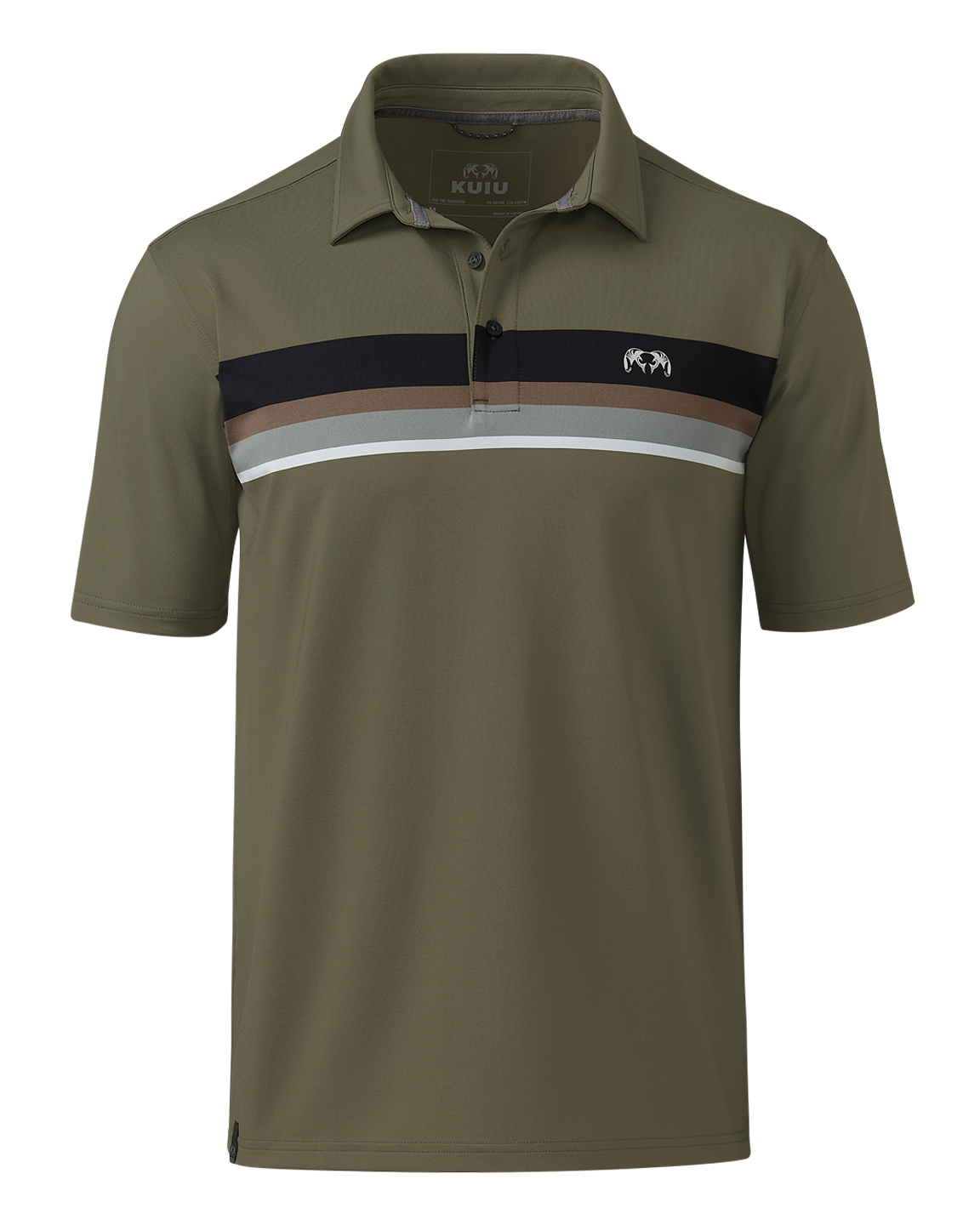 Front of KUIU Performance Polo Stripe in Evergreen Chest Stripe