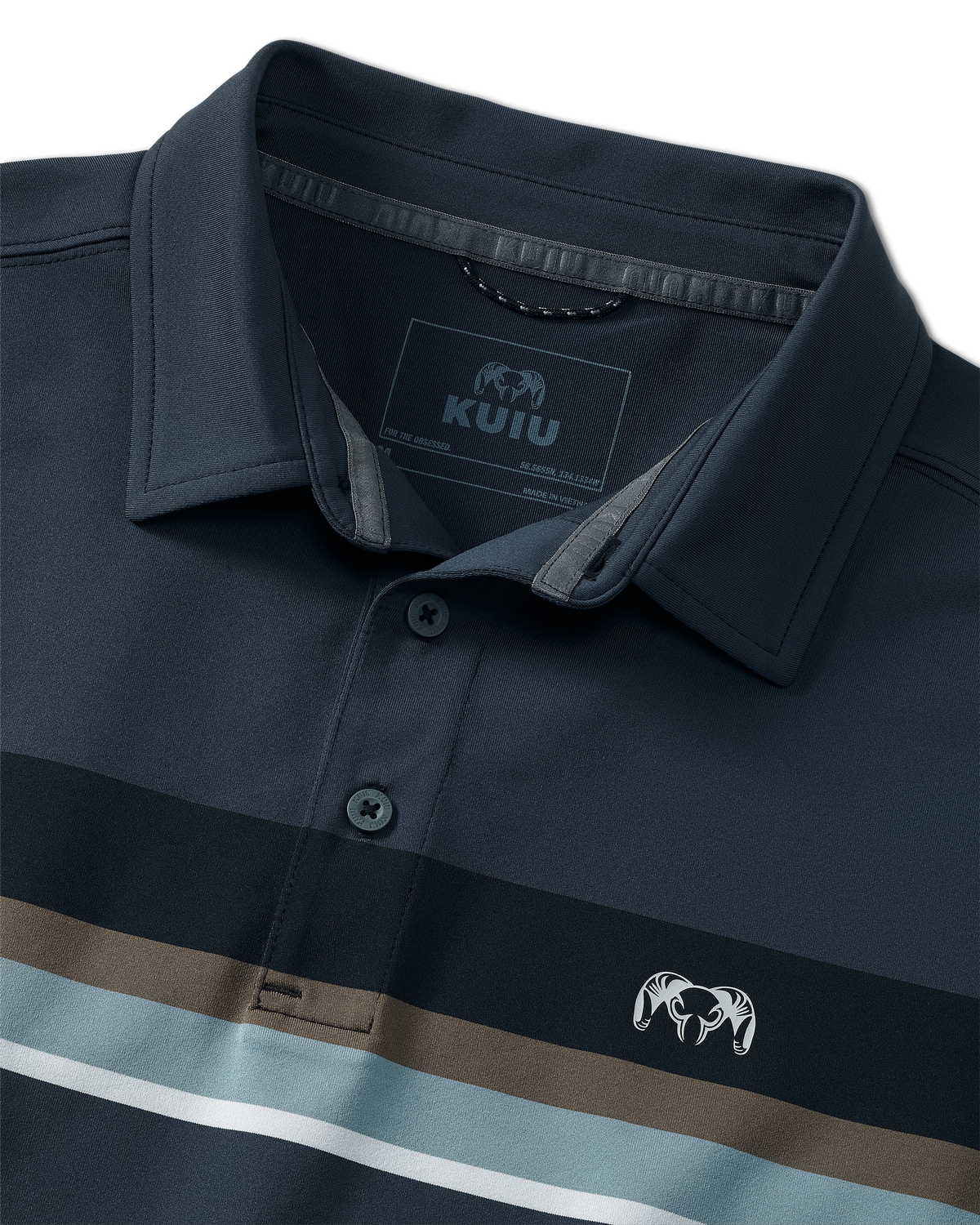 Close-up of collar of KUIU Performance Polo Chest Stripe in Steel Blue Chest Stripe