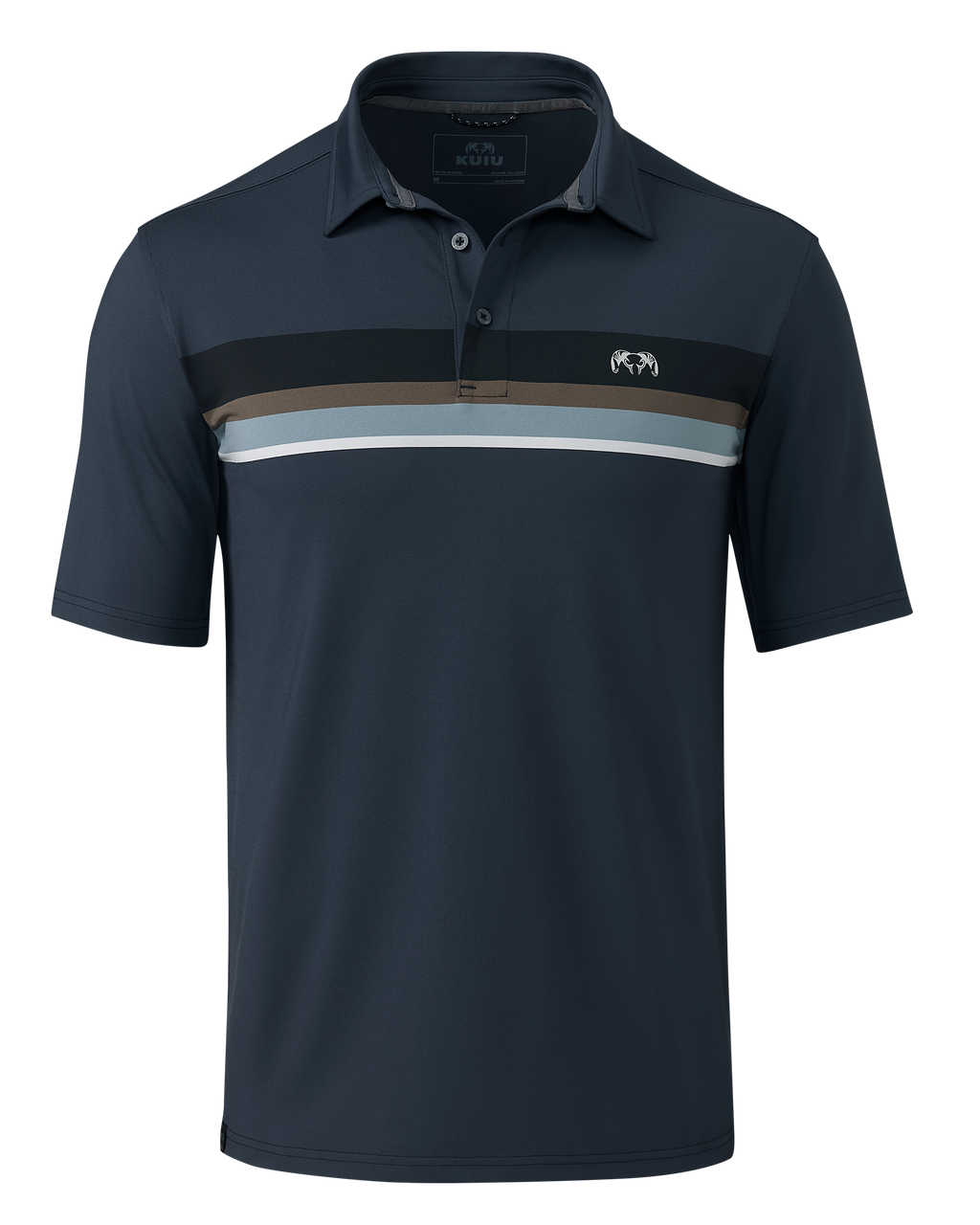 Front of KUIU Performance Polo Chest Stripe in Steel Blue Chest Stripe