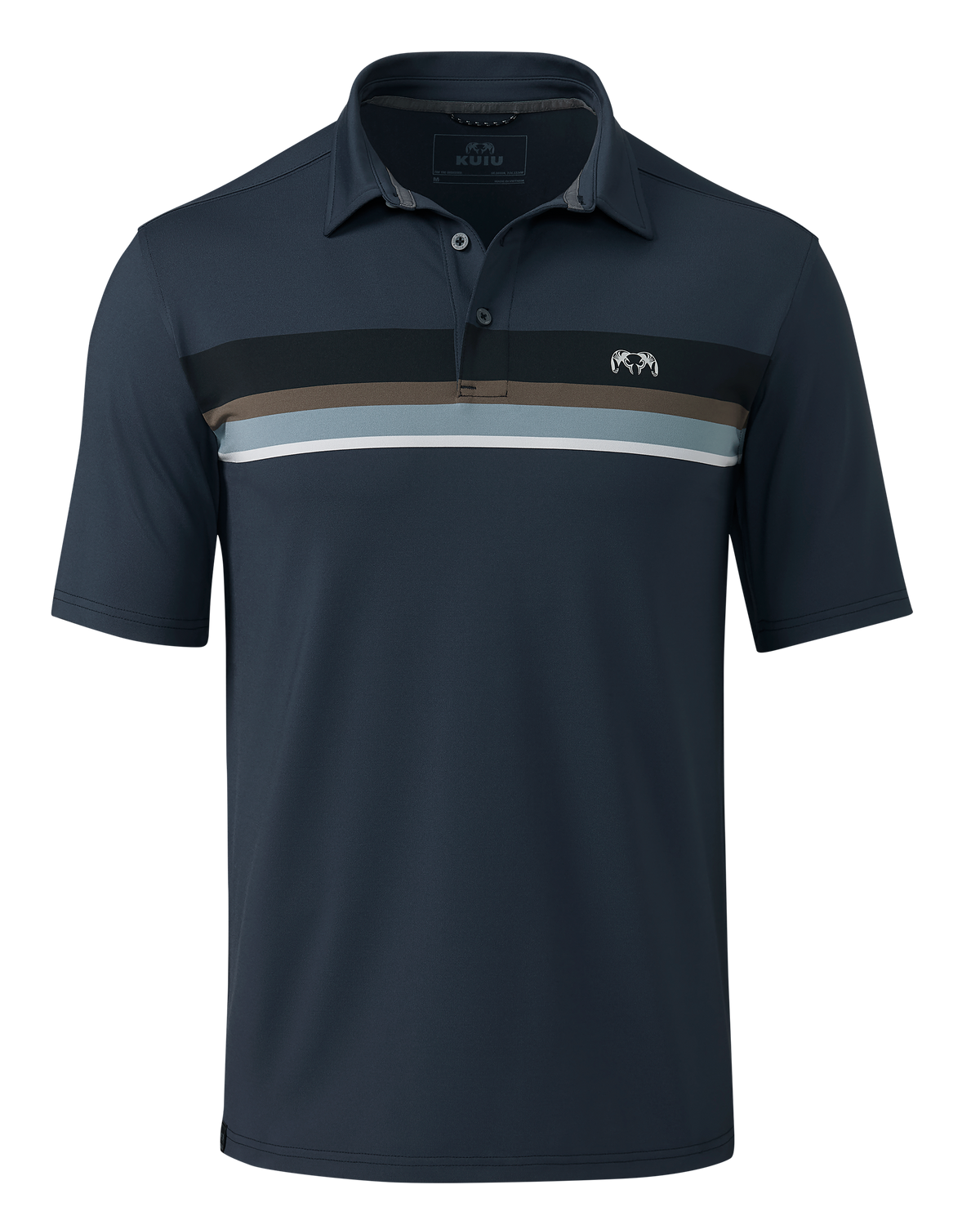 Front of KUIU Performance Polo Chest Stripe in Steel Blue Chest Stripe