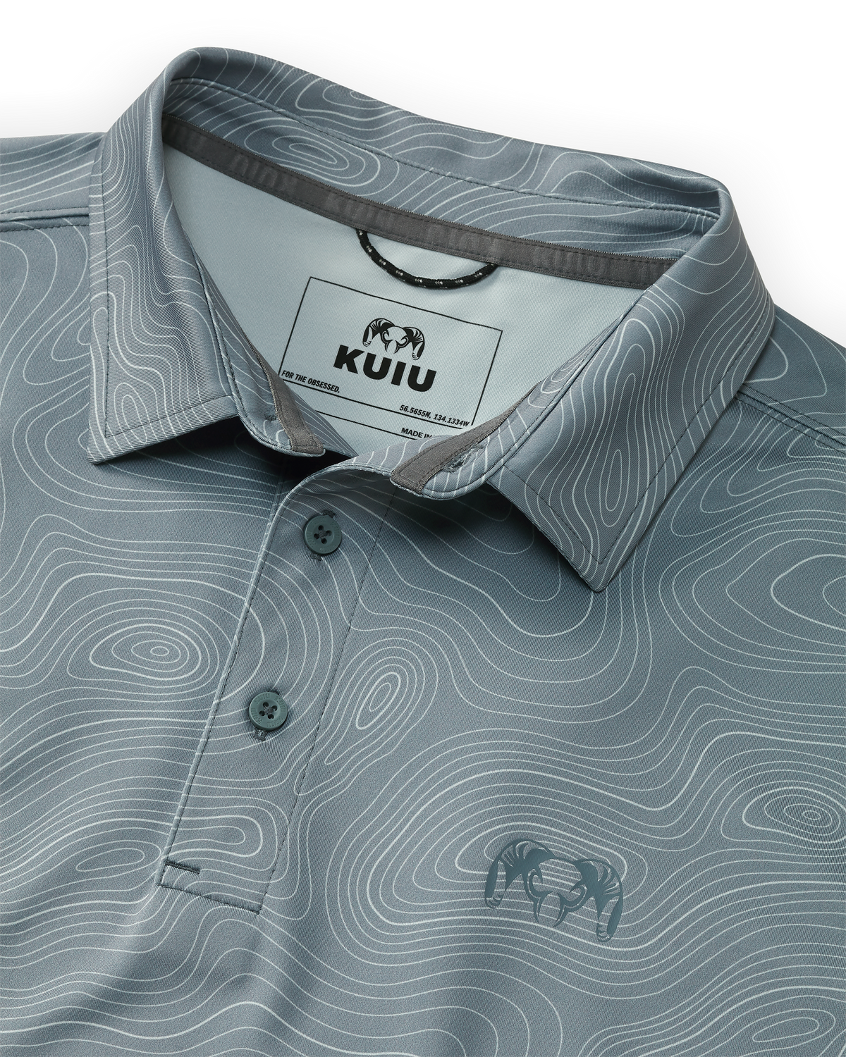 Collar of KUIU Performance Polo in Slate Topo