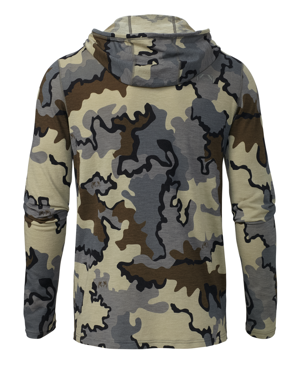 Back of ULTRA Merino 120 LT LS Hoodie in Vias Camouflage