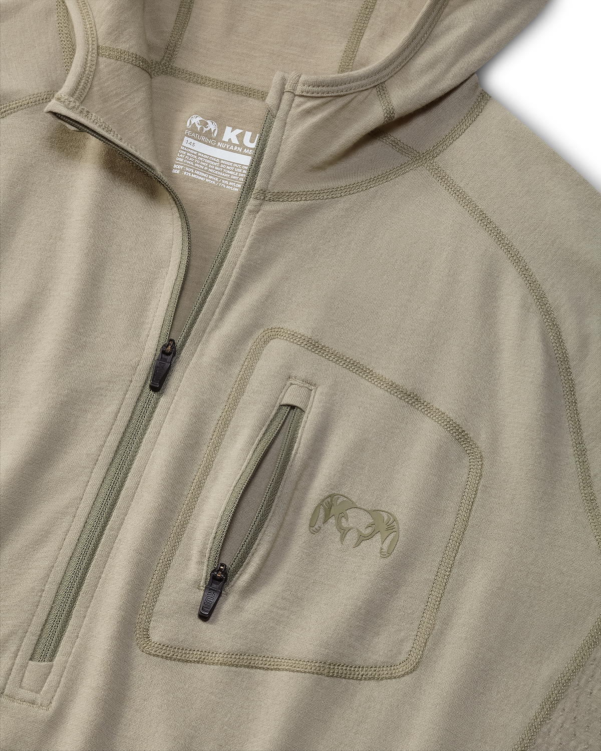 Unzipped vertical chest pocket of the ULTRA Merino 145 Zip Up Hoodie Long Sleeve Shirt