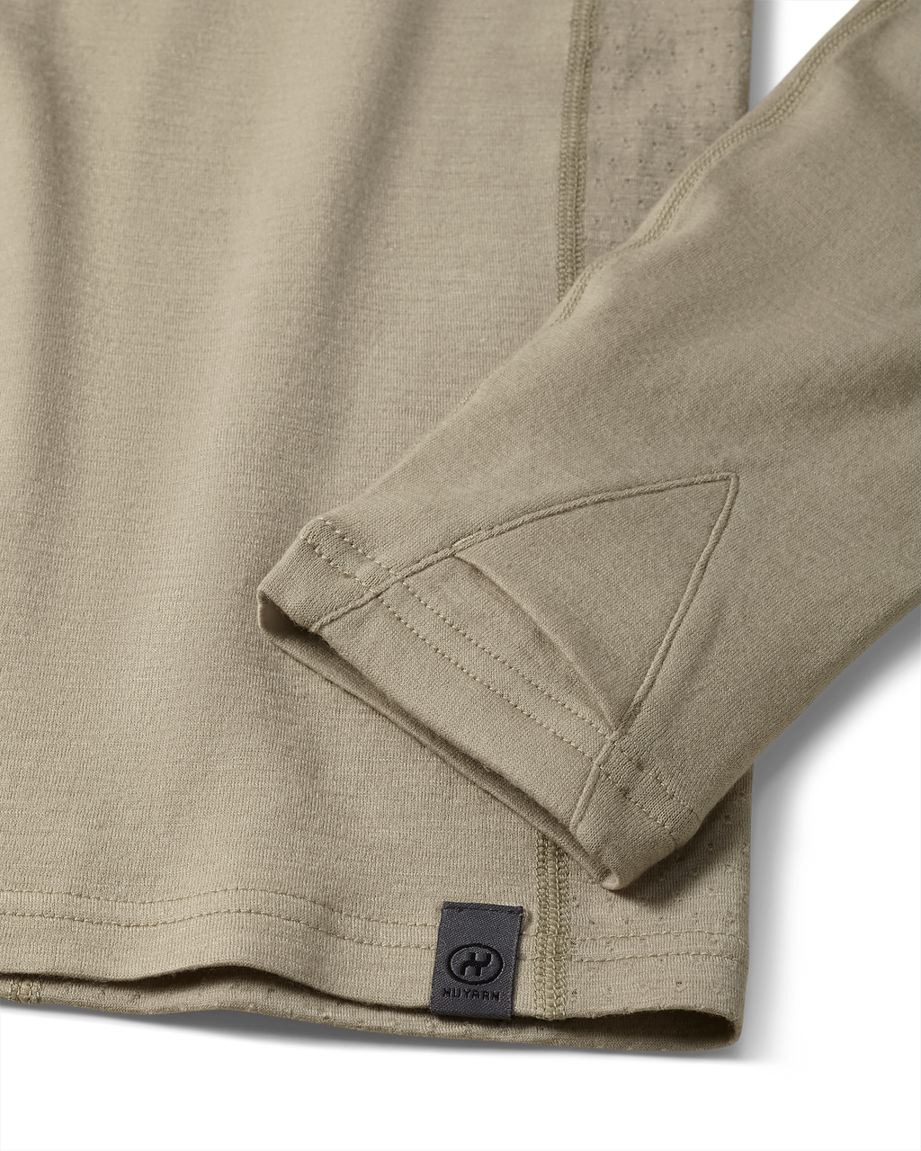 Detail of thumbhole on ULTRA Merino 145 Zip-T Hunting Hoodie in Bone Khaki