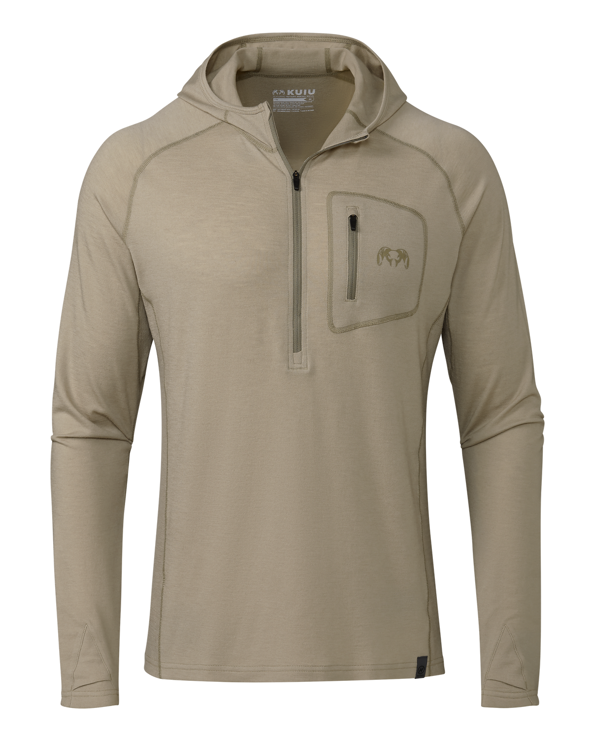 Front of ULTRA Merino 145 Zip-T Hunting Hoodie in Bone Khaki