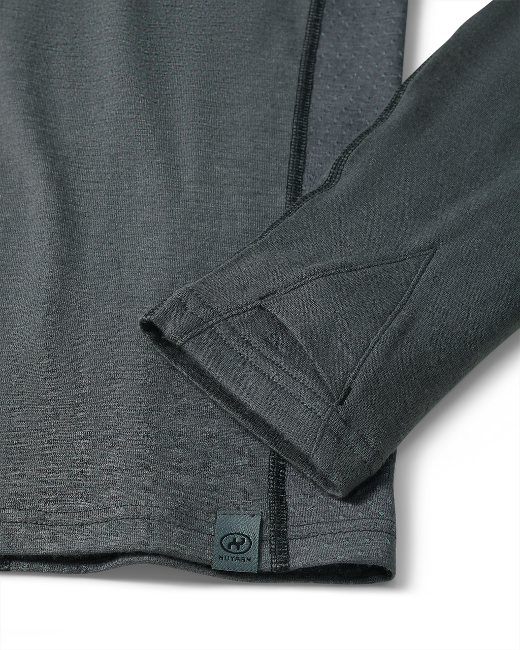 Detail of thumbhole on ULTRA Merino 145 Zip-T Hunting Hoodie in Gunmetal Grey