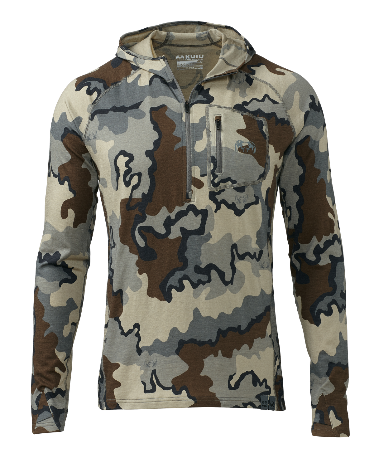 Front of ULTRA Merino 145 Zip-T Hunting Hoodie in Vias Camouflage