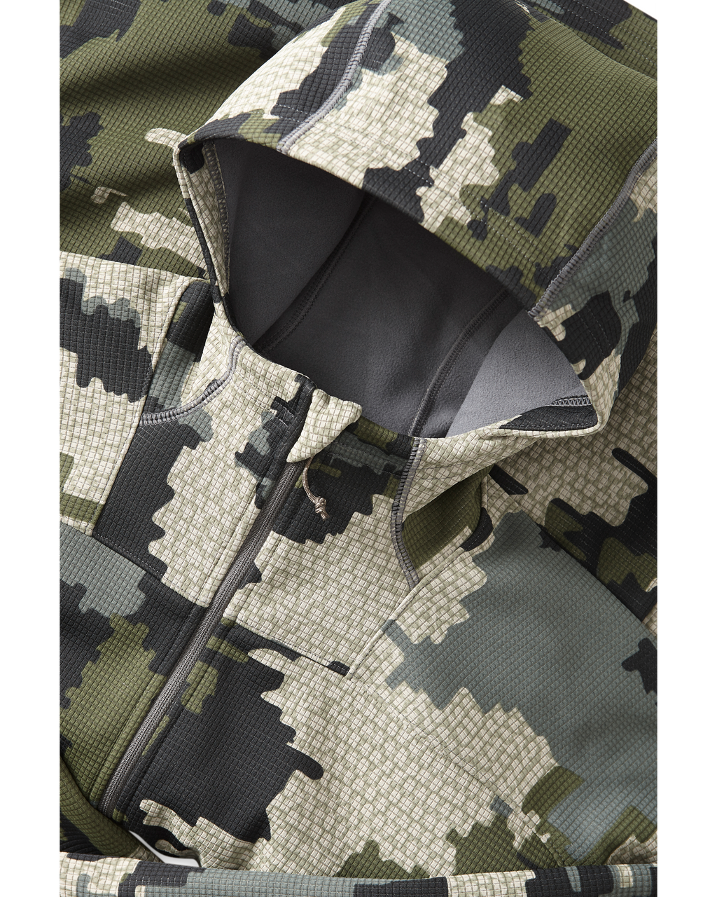 Detail collar and hood area on Peloton 240 Full Zip Hoodie in Verde Camouflage