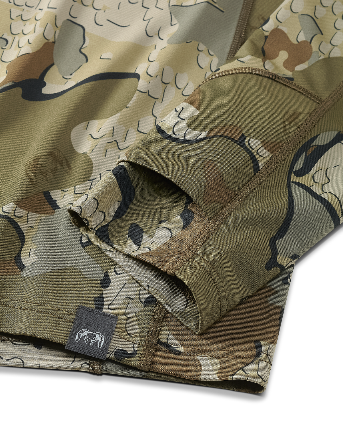 Close-up detail of layered thumbhole on Vital S2 Long Sleeve Crew in Valo Camouflage