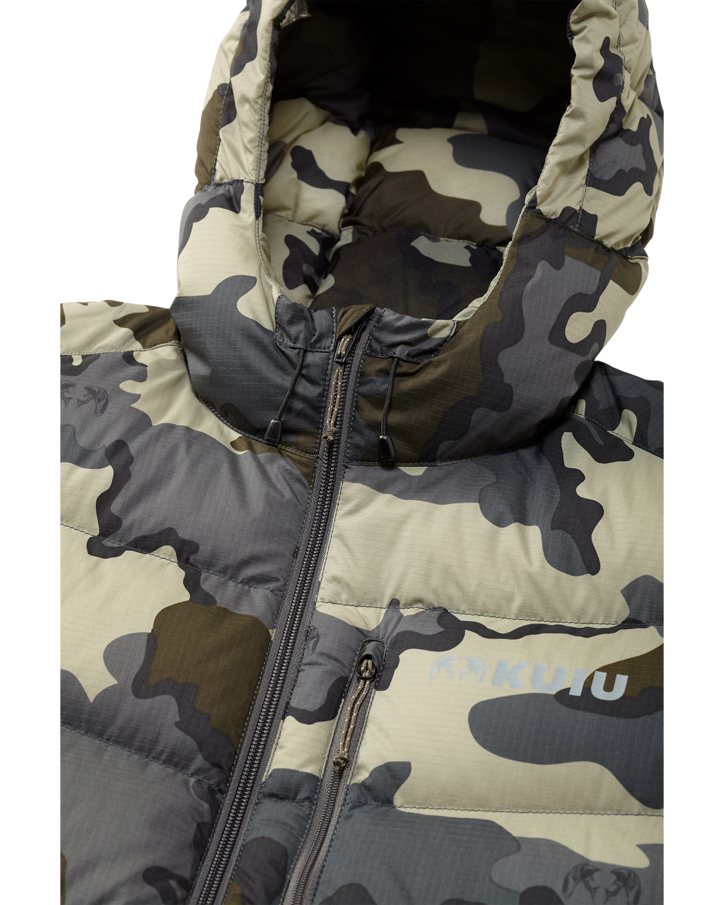 Super Down PRO Hodded Jacket in Vias Camouflage showcasing the chin guard