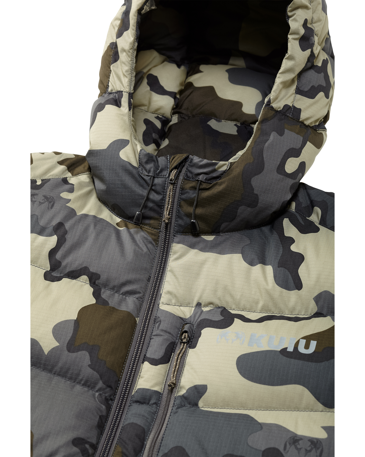 Super Down PRO Hodded Jacket in Vias Camouflage showcasing the chin guard