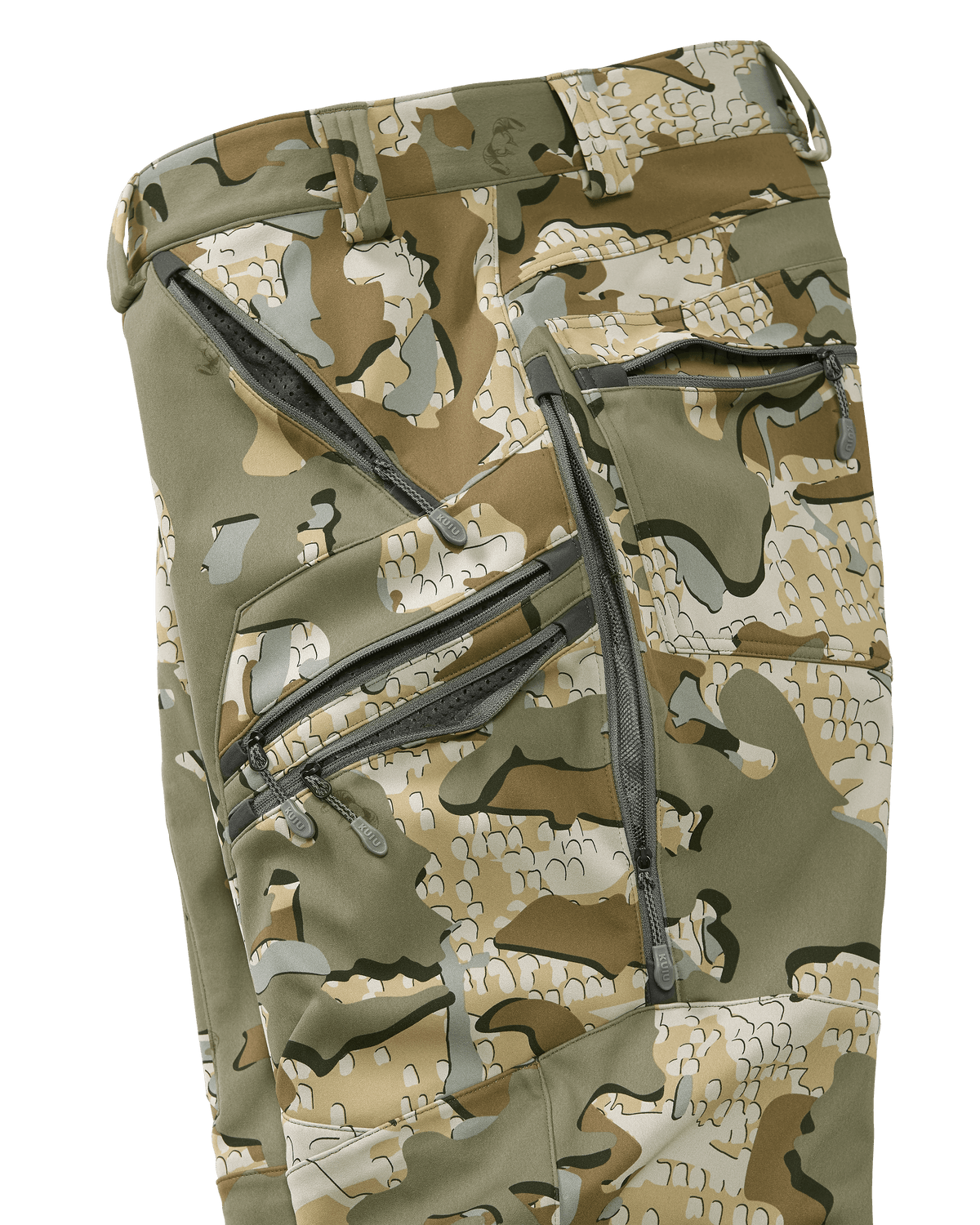 Side of Axis Hybrid Pants in Valo Camouflage Highlighting YKK Zippered, Mesh Lined Pockets and Hip Vent