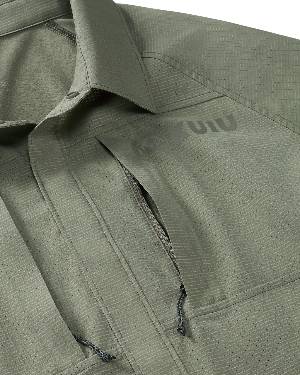 Front chest pockets with veritcal zippers on Tiburon Hybid Snap Shirt in Buckbrush Sage