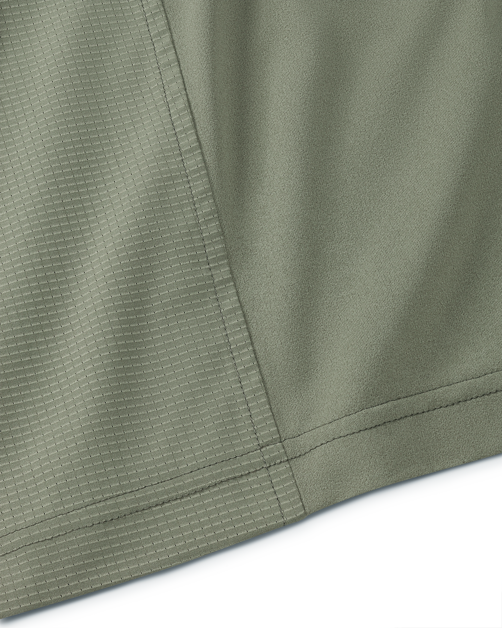 Stitches of the side seam on Tiburon Hybrid Snap Shirt in Buckbrush Sage